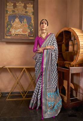 Grey silk blend Blend Patola Saree With Unstitched Blouse Piece 1