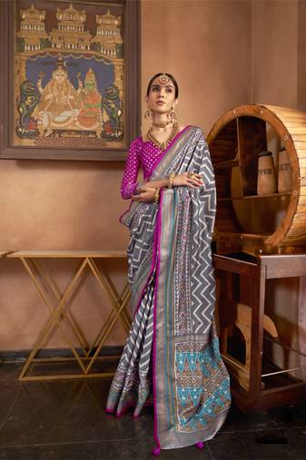 Grey silk blend Blend Patola Saree With Unstitched Blouse Piece