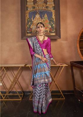 Grey silk blend Blend Patola Saree With Unstitched Blouse Piece 2