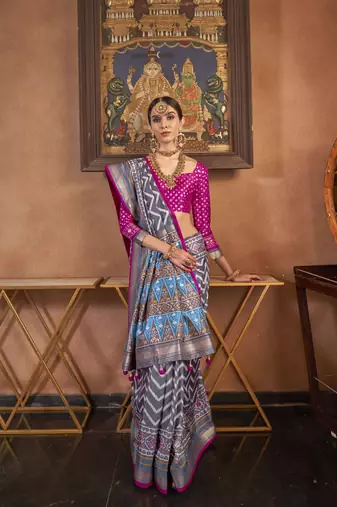 Grey silk blend Blend Patola Saree With Unstitched Blouse Piece