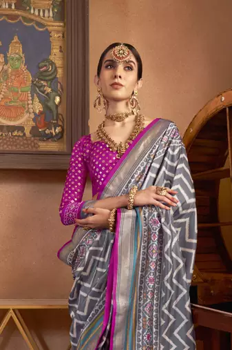 Grey silk blend Blend Patola Saree With Unstitched Blouse Piece