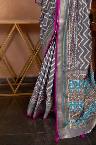 Grey silk blend Blend Patola Saree With Unstitched Blouse Piece