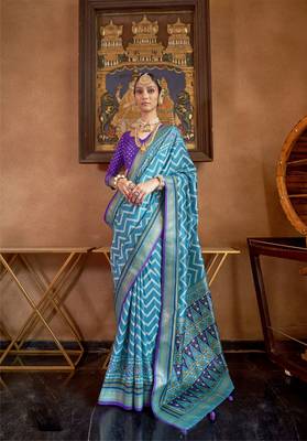 Sky Blue silk blend Blend Patola Saree With Unstitched Blouse Piece 1