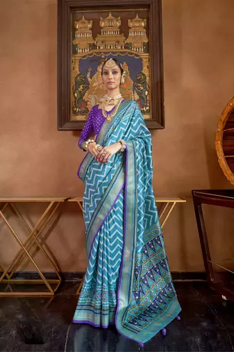 Sky Blue silk blend Blend Patola Saree With Unstitched Blouse Piece