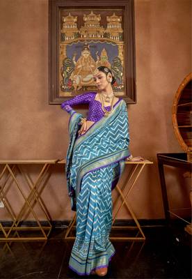 Sky Blue silk blend Blend Patola Saree With Unstitched Blouse Piece 2