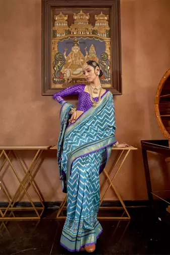 Sky Blue silk blend Blend Patola Saree With Unstitched Blouse Piece