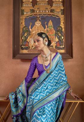 Sky Blue silk blend Blend Patola Saree With Unstitched Blouse Piece 3