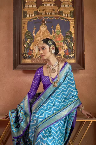 Sky Blue silk blend Blend Patola Saree With Unstitched Blouse Piece