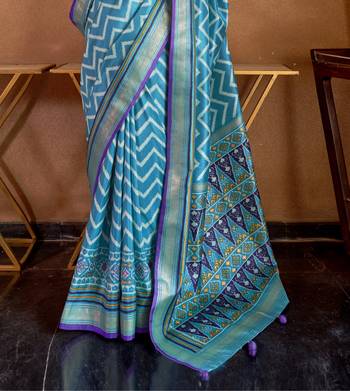Sky Blue silk blend Blend Patola Saree With Unstitched Blouse Piece 4