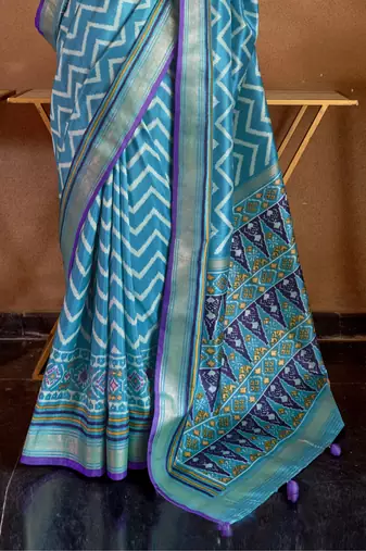 Sky Blue silk blend Blend Patola Saree With Unstitched Blouse Piece
