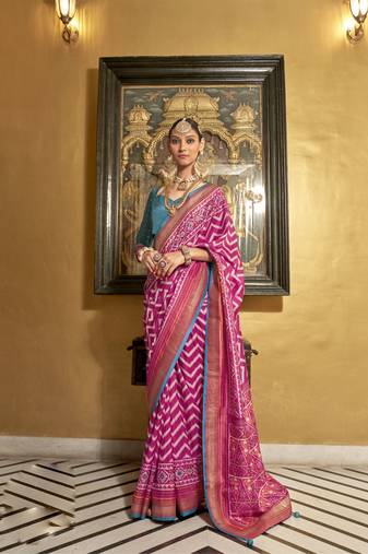 Rani silk blend Blend Patola Saree With Unstitched Blouse Piece