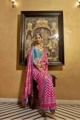 Rani silk blend Blend Patola Saree With Unstitched Blouse Piece