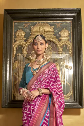 Rani silk blend Blend Patola Saree With Unstitched Blouse Piece