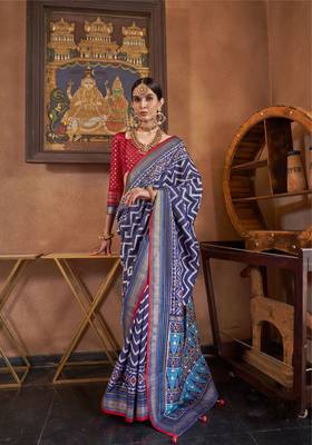 Navy Blue silk blend Blend Patola Saree With Unstitched Blouse Piece 1