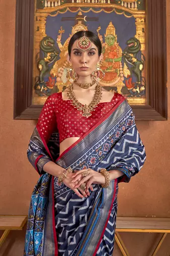 Navy Blue silk blend Blend Patola Saree With Unstitched Blouse Piece