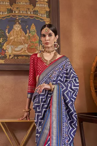 Navy Blue silk blend Blend Patola Saree With Unstitched Blouse Piece