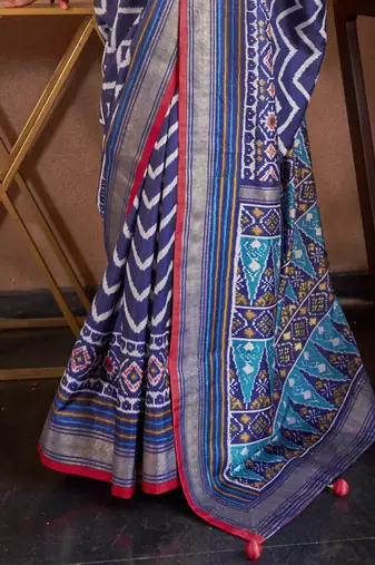 Navy Blue silk blend Blend Patola Saree With Unstitched Blouse Piece