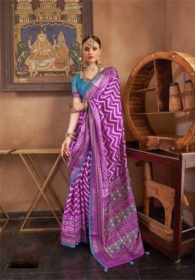 Purple silk blend Blend Patola Saree With Unstitched Blouse Piece 1