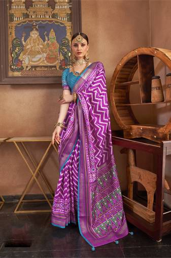 Purple silk blend Blend Patola Saree With Unstitched Blouse Piece