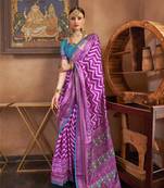 Purple silk blend Blend Patola Saree With Unstitched Blouse Piece