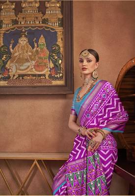Purple silk blend Blend Patola Saree With Unstitched Blouse Piece 2