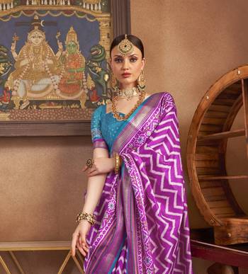 Purple silk blend Blend Patola Saree With Unstitched Blouse Piece 3