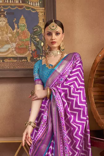 Purple silk blend Blend Patola Saree With Unstitched Blouse Piece