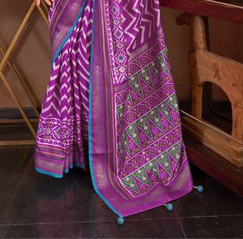 Purple silk blend Blend Patola Saree With Unstitched Blouse Piece 4