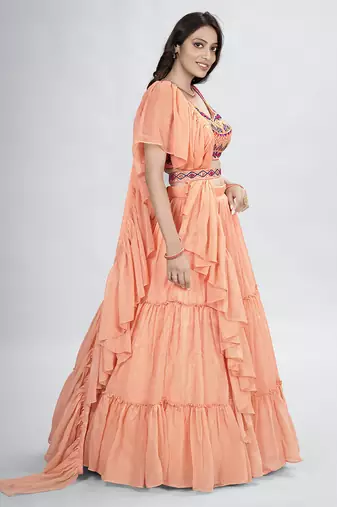 Peach Thread Work Lehenga Choli Set
