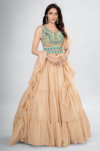 Beige Thread Work Lehenga Choli Set