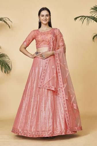 Peach Embroidered Round Neck Lehenga Choli