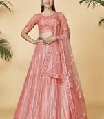 Peach Embroidered Round Neck Lehenga Choli