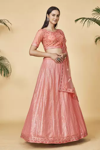 Peach Embroidered Round Neck Lehenga Choli