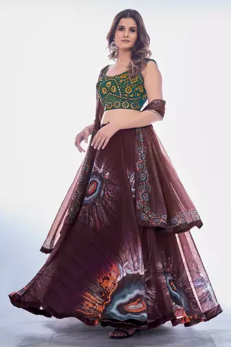 Maroon and Green Embroideredand printed Lehenga Choli