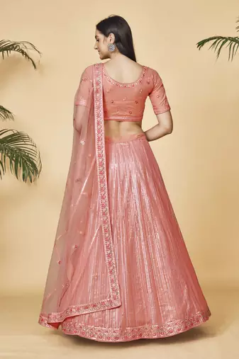 Peach Embroidered Round Neck Lehenga Choli