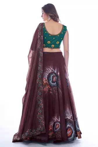 Maroon and Green Embroideredand printed Lehenga Choli