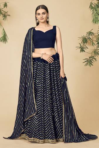 Navy Blue Sweetheart Neck Sequin Lehenga