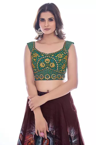 Maroon and Green Embroideredand printed Lehenga Choli