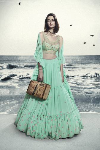 Sea Green Floral Embroidered Lehenga Choli Set