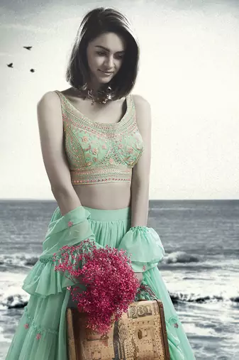 Sea Green Floral Embroidered Lehenga Choli Set