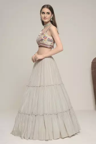 Silver Sweetheart Neck Embroidered Lehenga Choli Set