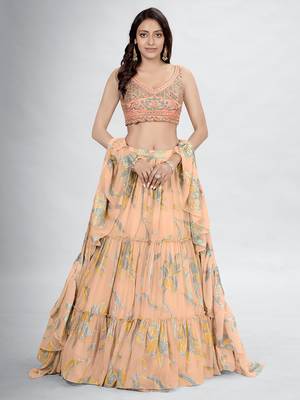 Beige V-Neck Printed Lehenga Choli Set 1