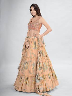 Beige V-Neck Printed Lehenga Choli Set 2