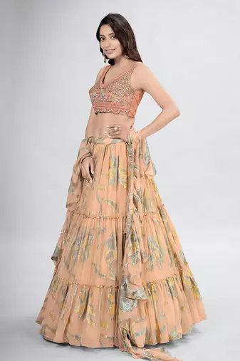 Beige V-Neck Printed Lehenga Choli Set