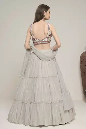 Silver Sweetheart Neck Embroidered Lehenga Choli Set