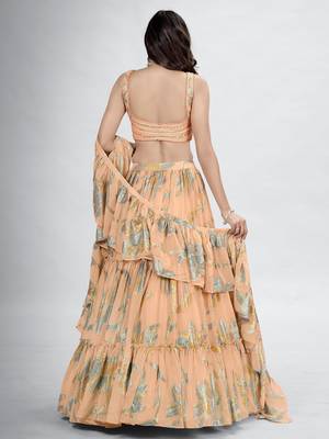 Beige V-Neck Printed Lehenga Choli Set 3