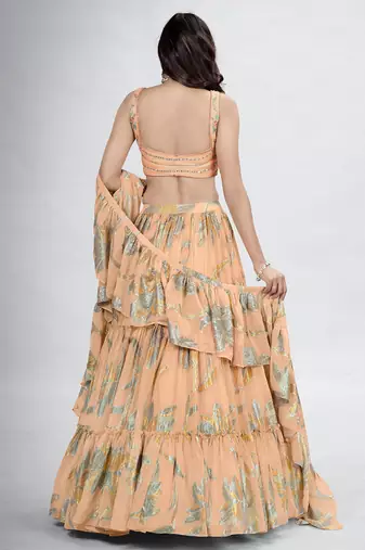 Beige V-Neck Printed Lehenga Choli Set