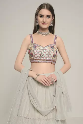 Silver Sweetheart Neck Embroidered Lehenga Choli Set