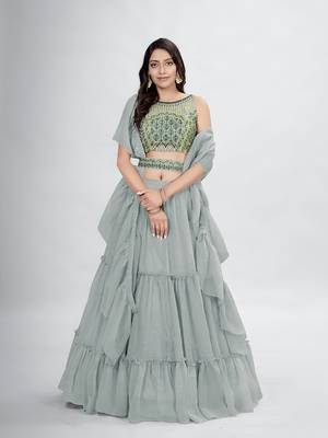 Grey Boat Neck Mirror Work Lehenga Choli Set 1