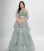 Grey Boat Neck Mirror Work Lehenga Choli Set